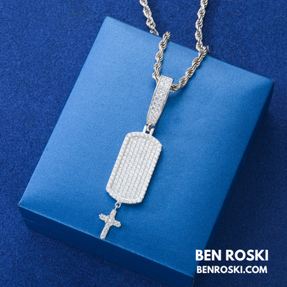 Iced Dog Tag Pendant with Cross Sterling Silver, Gold, or Rose Gold | VVS Moissanite | GRA Certified