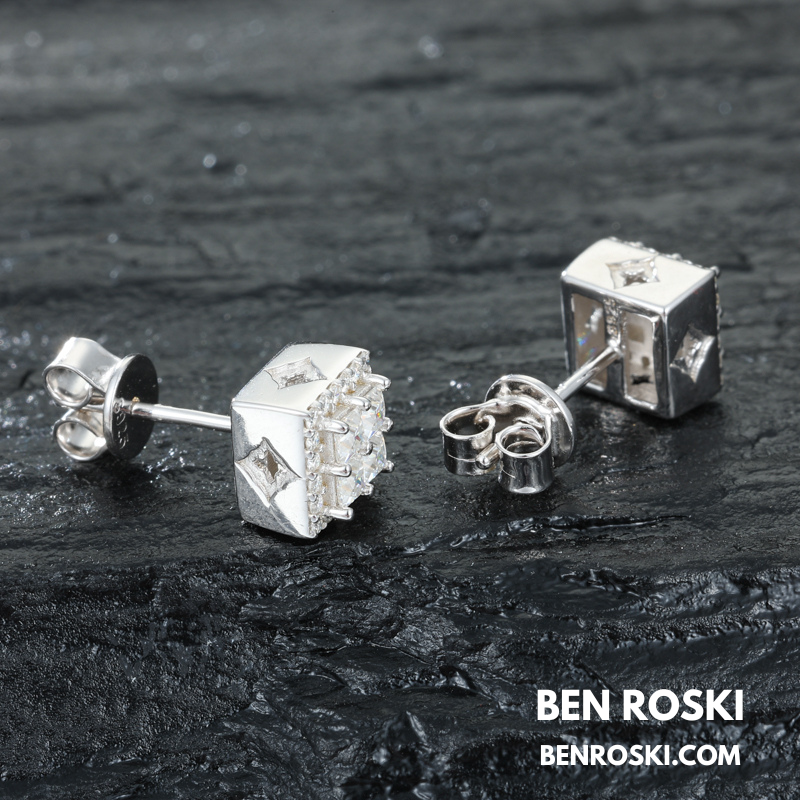 Square Cluster Stud Earrings Sterling Silver, Gold or Rose Gold Plated | 5A Moissanite Stones