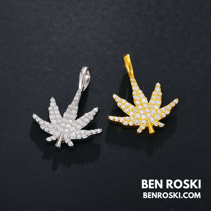 Cannabis Leaf Pendant Sterling Silver or Gold / Rose Gold Plated | VVS Moissanite | GRA Certified