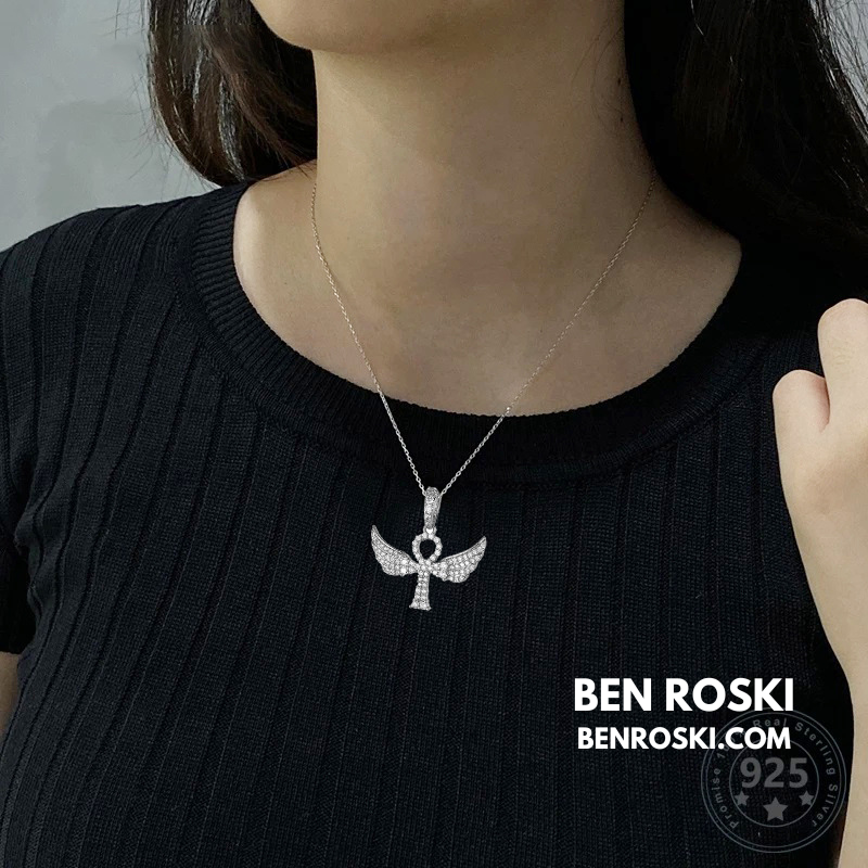 Angel Cross Pendant Necklace Sterling Silver or Gold/Rose Gold Plated | VVS Moissanite | GRA Certified