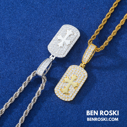 Iced Cross Dog Tag Pendant Sterling Silver, Gold & Rose Gold | VVS Moissanite | GRA Certified