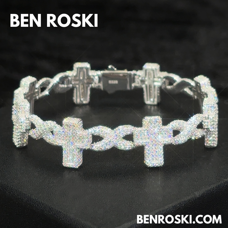 Iced Cross Moissanite Bracelet – 15MM | 7 &8-Inch | Solid 925 Sterling Silver | GRA Certified | Gold & Rose Gold Plated Variants