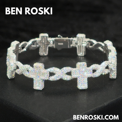 Iced Cross Moissanite Bracelet – 15MM | 7 &8-Inch | Solid 925 Sterling Silver | GRA Certified | Gold & Rose Gold Plated Variants