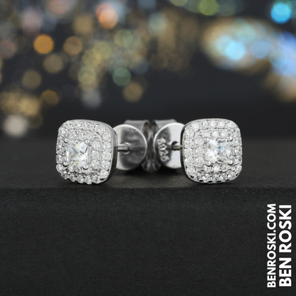 Cushion Halo Stud Earrings Sterling Silver, Gold, or Rose Gold | VVS Moissanite | GRA Certified