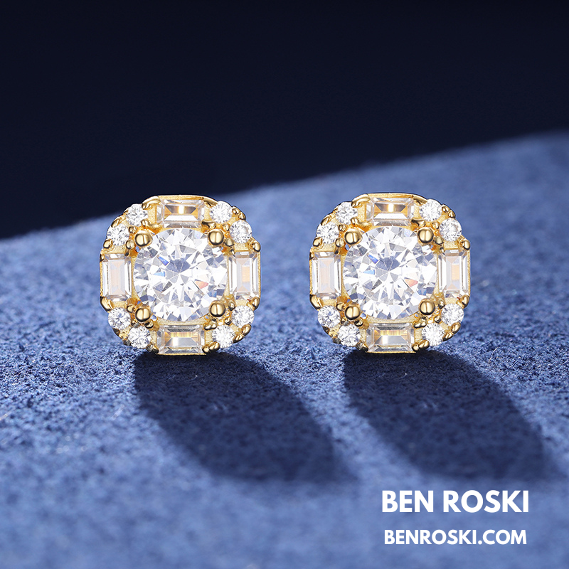 Baguette Halo Stud Earrings Sterling Silver or Gold/Rose Gold Plated | VVS Moissanites | GRA Certified