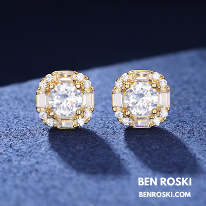 Baguette Halo Stud Earrings Sterling Silver or Gold/Rose Gold Plated | VVS Moissanites | GRA Certified