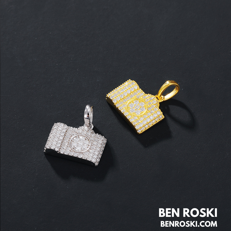 Camera Pendant Necklace Sterling Silver or Gold / Rose Gold Plated | VVS Moissanite | GRA Certified