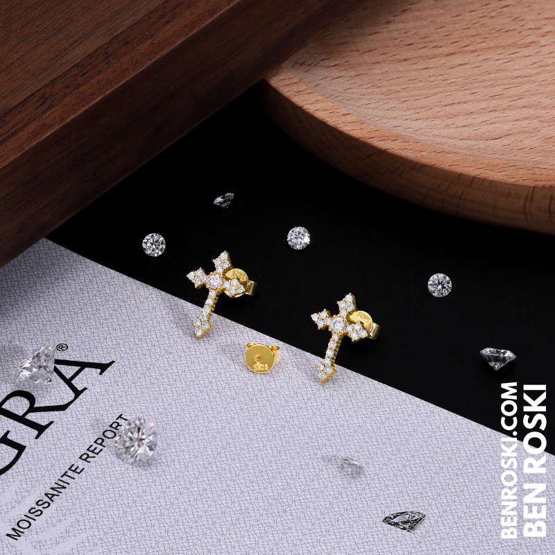 Moissanite Cross Stud Earrings Sterling Silver, Gold, or Rose Gold | VVS Moissanite | GRA Certified