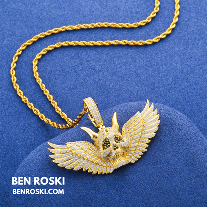 Moissanite Winged Skull Pendant Sterling Silver, Gold & Rose Gold Plated | VVS Moissanite | GRA Certified