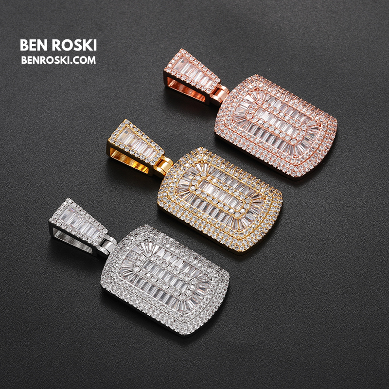 Baguette Cluster Dog Tag Pendant Sterling Silver, Gold & Rose Gold | VVS Moissanite | GRA Certified