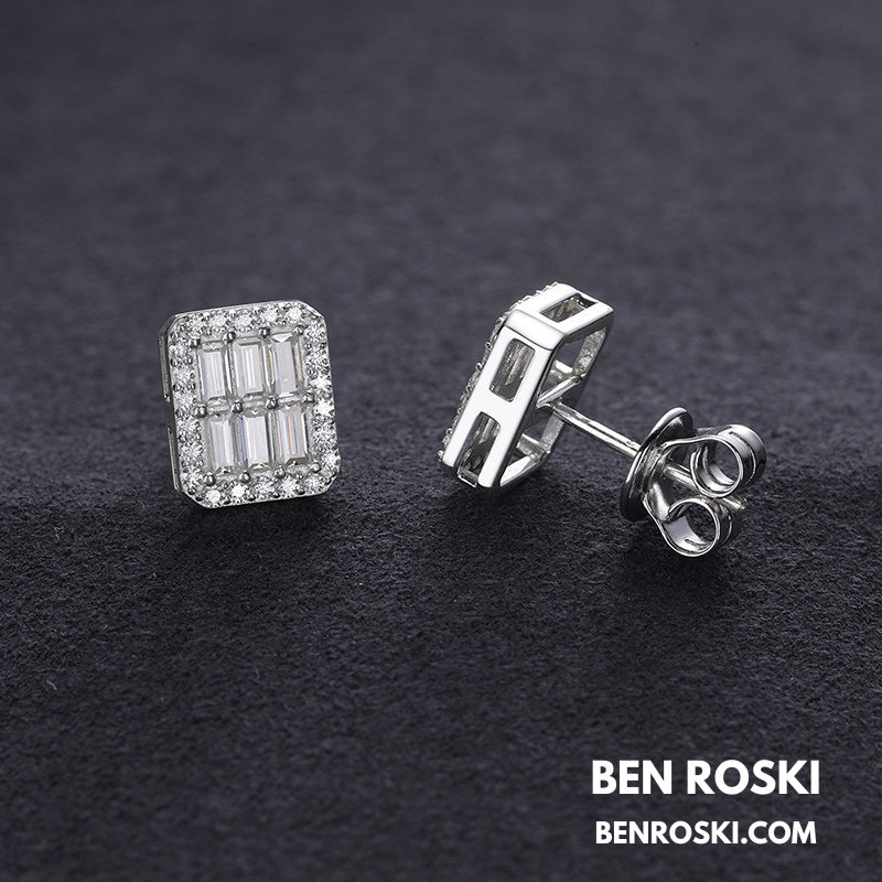 Rectangle Baguette Moissanite Stud Earrings Sterling Silver, Gold & Rose Gold | VVS Moissanite | GRA Certified