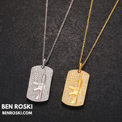 M4 Rifle Dog Tag Pendant Sterling Silver or Gold & Rose Gold Plated | VVS Moissanite | GRA Certified