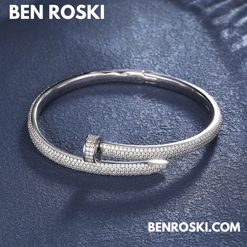 Nail Moissanite Bangle Sterling Silver, Gold Plated & Rose Gold Plated over 925 Silver | GRA Certified