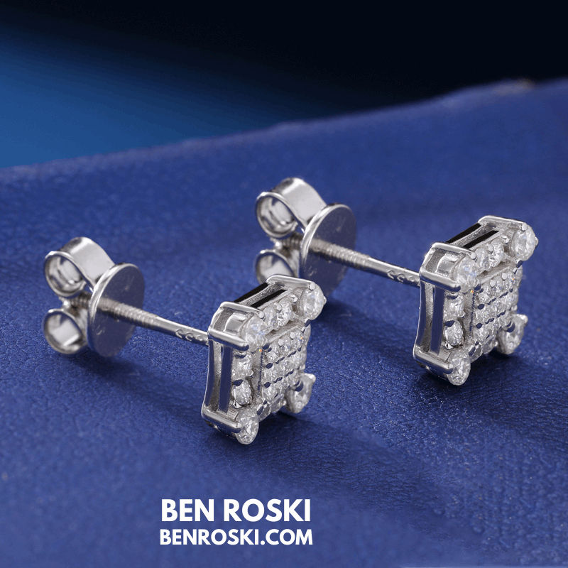 Square Cluster Stud Earrings Sterling Silver, Gold & Rose Gold Plated | VVS Moissanite | GRA Certified