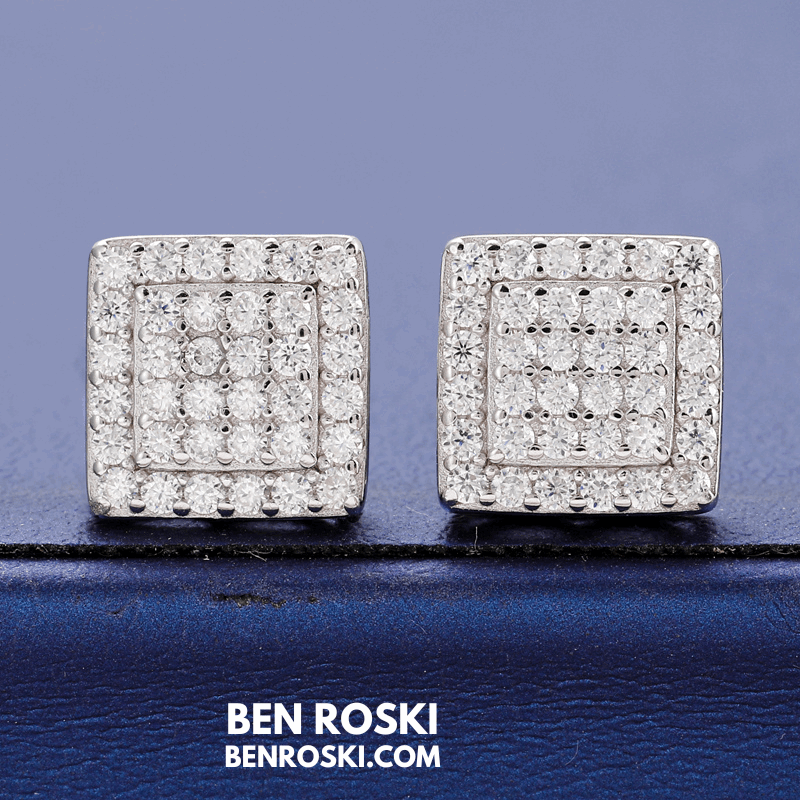 Square Cluster Stud Earrings Sterling Silver, Gold, or Rose Gold | VVS Moissanite | GRA Certified