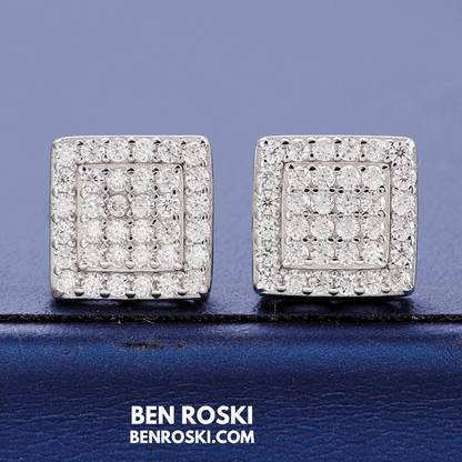 Square Cluster Stud Earrings Sterling Silver, Gold, or Rose Gold | VVS Moissanite | GRA Certified