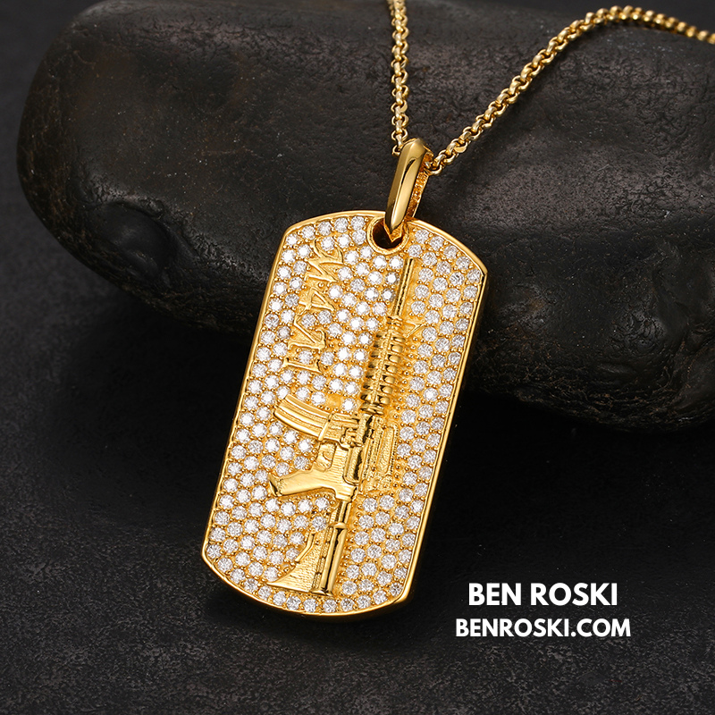 M4 Rifle Dog Tag Pendant Sterling Silver or Gold & Rose Gold Plated | VVS Moissanite | GRA Certified