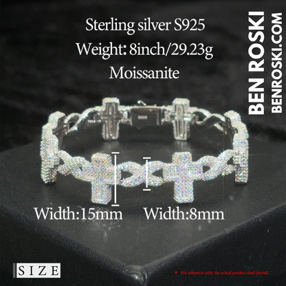 Iced Cross Moissanite Bracelet – 15MM | 7 &8-Inch | Solid 925 Sterling Silver | GRA Certified | Gold & Rose Gold Plated Variants
