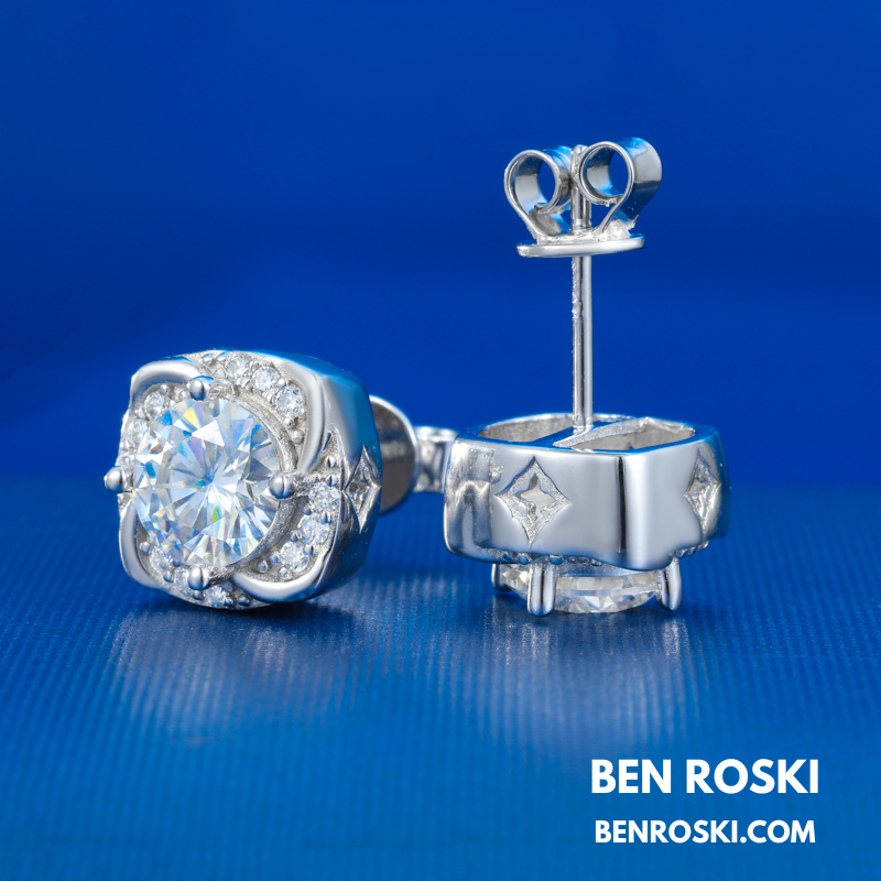 Moissanite Halo Stud Earrings Sterling Silver or Gold/Rose Gold Plated | VVS Moissanite | GRA Certified