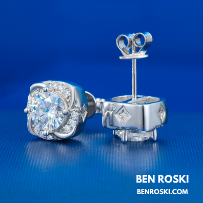 Moissanite Halo Stud Earrings Sterling Silver or Gold/Rose Gold Plated | VVS Moissanite | GRA Certified