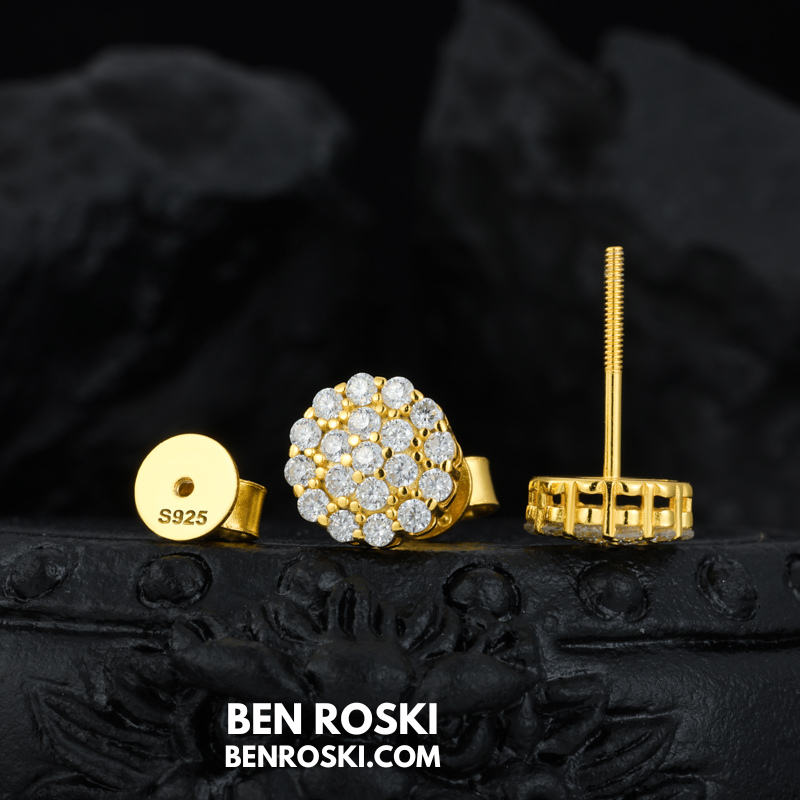 Round Cluster Stud Earrings Sterling Silver, Gold & Rose Gold | VVS Moissanite | GRA Certified