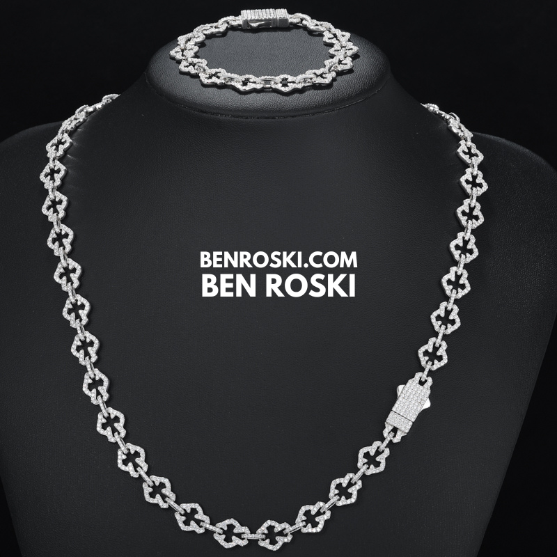 Iced-Out Clover Link Necklace Sterling Silver, Gold & Rose Gold | VVS Moissanite | GRA Certified