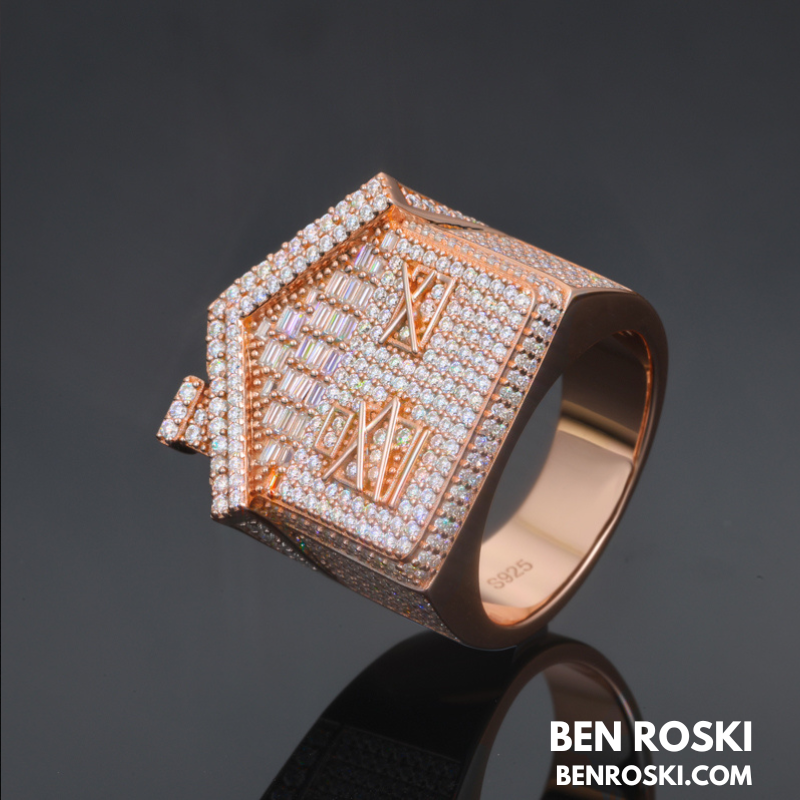 Iced-Out Roman Numeral Mansion Ring Sterling Silver or Gold/Rose Gold Plated | VVS Moissanite | GRA Certified