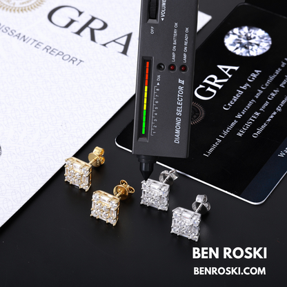 Square Cluster Stud Earrings Sterling Silver, Gold, or Rose Gold | VVS Moissanite | GRA Certified