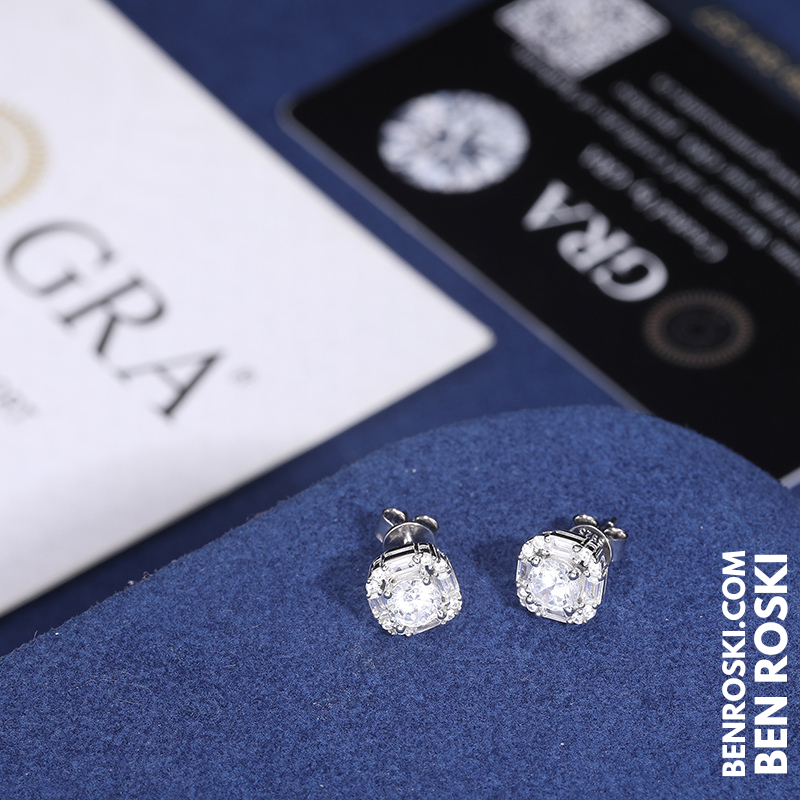 Baguette Halo Stud Earrings Sterling Silver or Gold/Rose Gold Plated | VVS Moissanites | GRA Certified