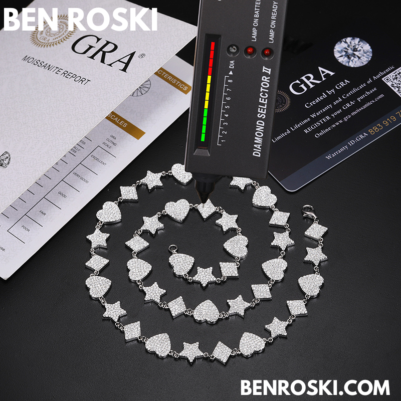 Heart, Star & Diamond Link Moissanite Necklace Sterling Silver, Gold & Rose Gold Options | GRA Certified