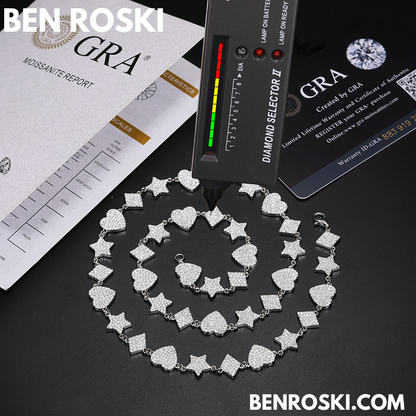 Heart, Star & Diamond Link Moissanite Necklace Sterling Silver, Gold & Rose Gold Options | GRA Certified