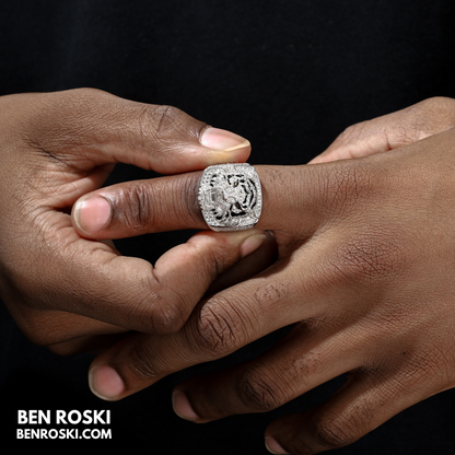 Iced-Out Tiger Head Ring Sterling Silver, Gold & Rose Gold | VVS Moissanite | GRA Certified