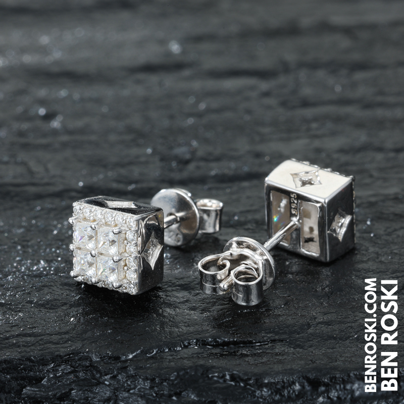 Square Cluster Stud Earrings Sterling Silver, Gold or Rose Gold Plated | 5A Moissanite Stones