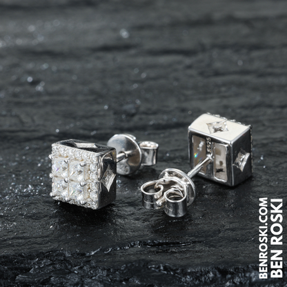 Square Cluster Stud Earrings Sterling Silver, Gold or Rose Gold Plated | 5A Moissanite Stones