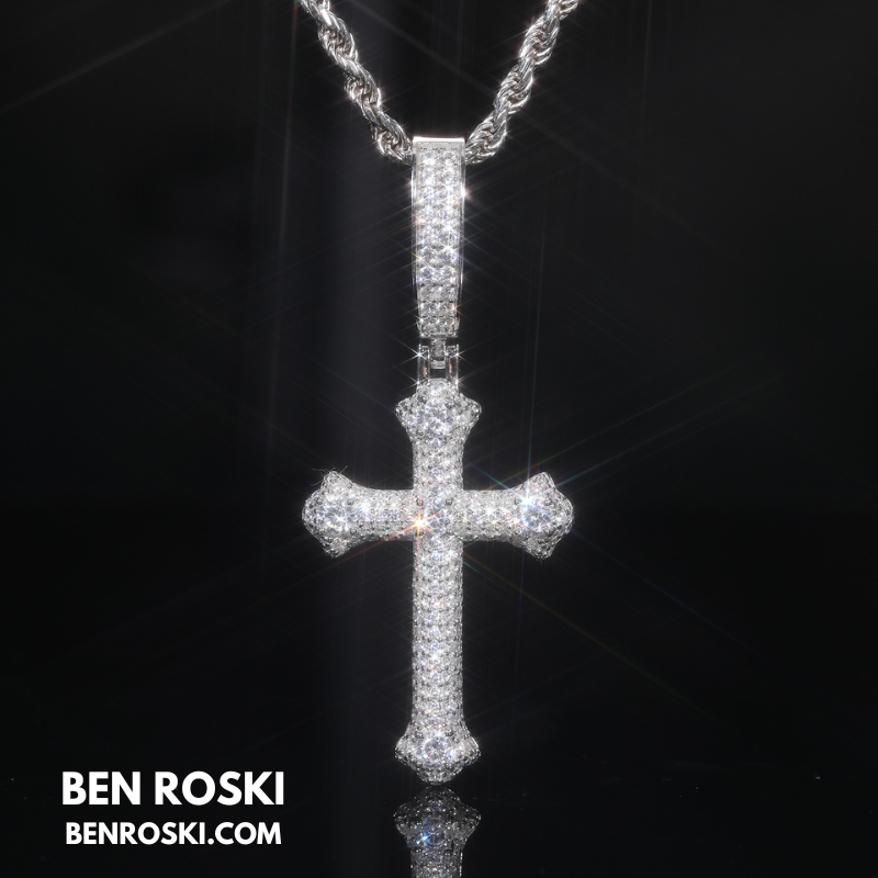 Iced Cross Pendant Sterling Silver, Gold & Rose Gold Plated | VVS Moissanite | GRA Certified