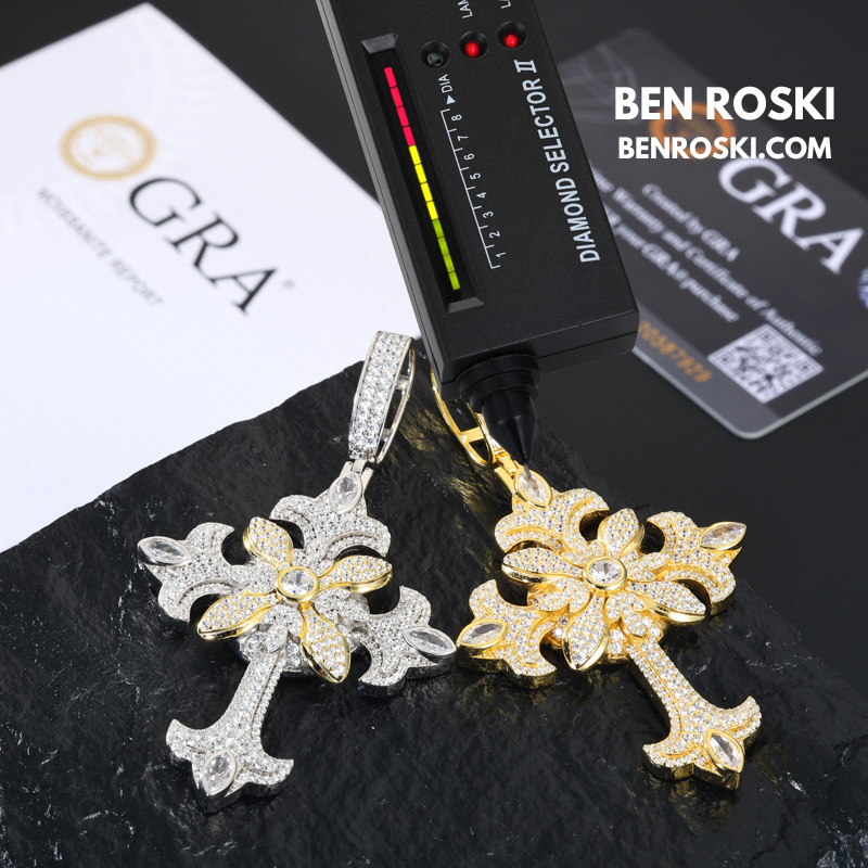 Floral Cross Pendant Sterling Silver, Gold & Rose Gold | VVS Moissanite | GRA Certified