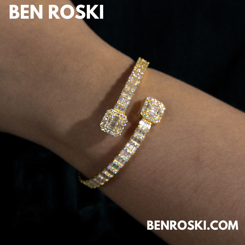 Baguette Moissanite Open Bangle – 7/8-Inch | 5.5MM | Silver, Gold Plated & Rose Gold Plated over 925 Silver | GRA Certified