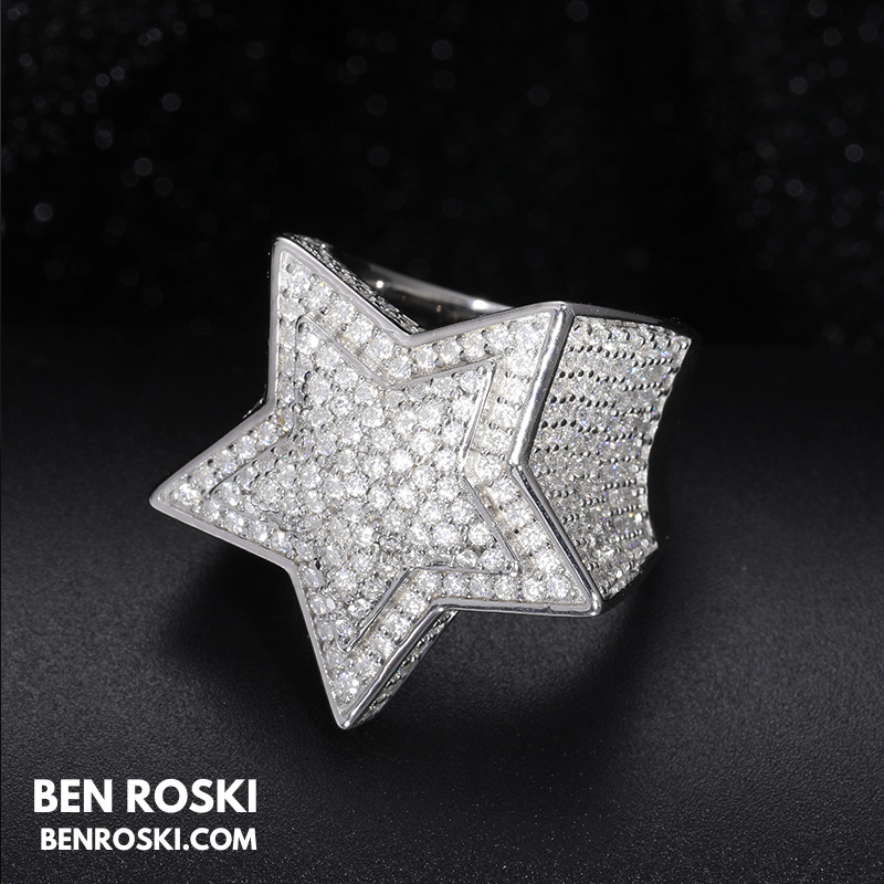 Star Iced-Out Ring Sterling Silver or Gold/Rose Gold Plated | VVS Moissanite | GRA Certified