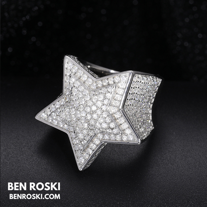 Star Iced-Out Ring Sterling Silver or Gold/Rose Gold Plated | VVS Moissanite | GRA Certified