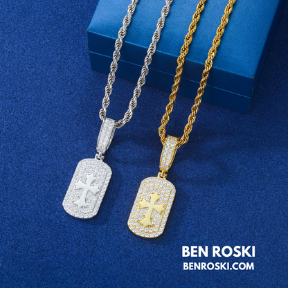 Iced Cross Dog Tag Pendant Sterling Silver, Gold & Rose Gold | VVS Moissanite | GRA Certified