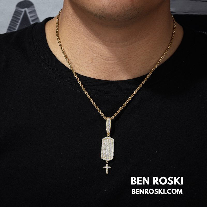 Iced Dog Tag Pendant with Cross Sterling Silver, Gold, or Rose Gold | VVS Moissanite | GRA Certified