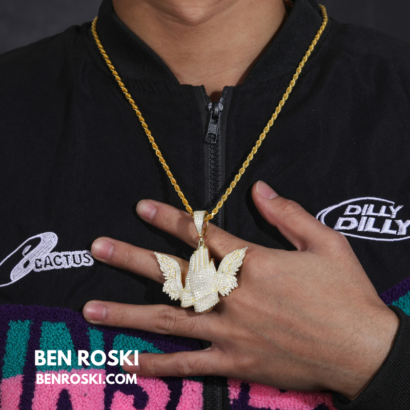 Praying Hands with Wings Pendant Sterling Silver, Gold, or Rose Gold | VVS Moissanite | GRA Certified