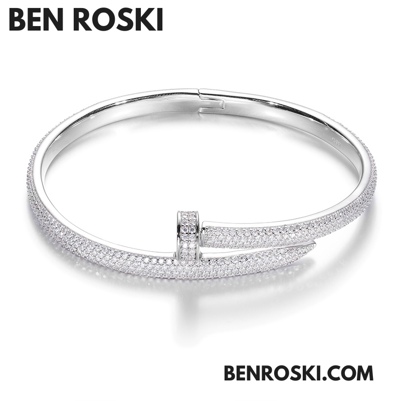 Nail Moissanite Bangle Sterling Silver, Gold Plated & Rose Gold Plated over 925 Silver | GRA Certified