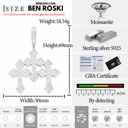 Triple Cross Moissanite Pendant – 69MM Height | VVS1 Moissanite | GRA Certified