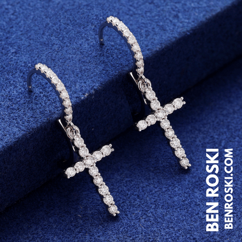 Moissanite Cross Hoop Earrings Sterling Silver, Gold, or Rose Gold | VVS Moissanite | GRA Certified