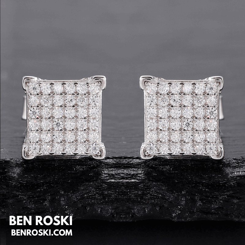 Square Cluster Stud Earrings Sterling Silver, Gold, or Rose Gold | VVS Moissanite | GRA Certified
