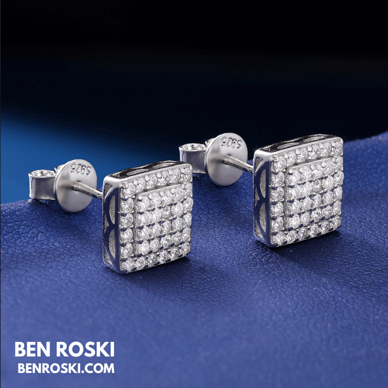 Square Cluster Stud Earrings Sterling Silver, Gold, or Rose Gold | VVS Moissanite | GRA Certified