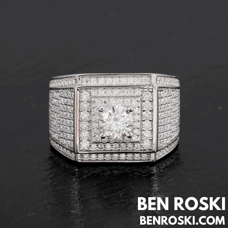 Men’s Iced Moissanite Square Statement Ring Sterling Silver, Gold, or Rose Gold | VVS Moissanite | GRA Certified