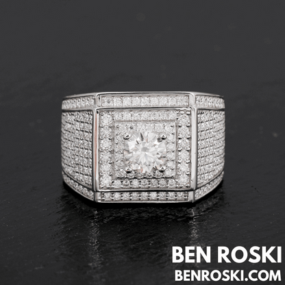 Men’s Iced Moissanite Square Statement Ring Sterling Silver, Gold, or Rose Gold | VVS Moissanite | GRA Certified