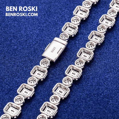 8MM Geometric & Round Cluster Moissanite Chain Sterling Silver, Gold, or Rose Gold | VVS D Color | GRA Certified